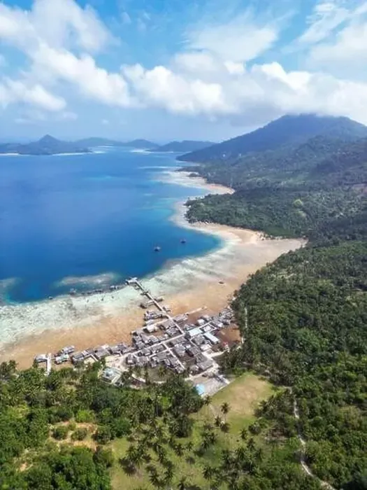 Framed Print : Indonesia Anambas Islands - Drone view Telaga Island coast line with village and vulcano Framed Print : Indonesia Anambas Islands - Drone view Telaga Island coast line with village and vulcano