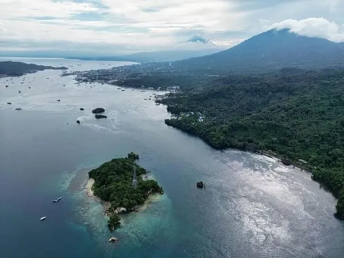 Framed Print : Indonesia Lembeh - Drone view to Lembeh Strait and Bitung City Framed Print : Indonesia Lembeh - Drone view to Lembeh Strait and Bitung City