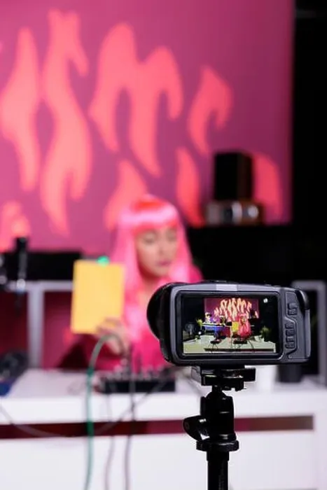Framed Print : Influencer holding notebook showing product in front of camera while recording review using professional vlogging Framed Print : Influencer holding notebook showing product in front of camera while recording review using professional vlogging