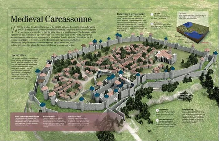 Framed Print : Infographic about the history and town-planning of Carcassonne Framed Print : Infographic about the history and town-planning of Carcassonne