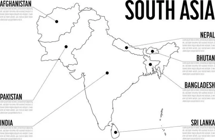 Framed Print : Infographic map of South Asia. Modern template with text in black and white. Vector illustration Framed Print : Infographic map of South Asia. Modern template with text in black and white. Vector illustration