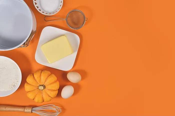 Framed Print : Ingredients and baking tools for pumpkin pie on orange background with copy space Framed Print : Ingredients and baking tools for pumpkin pie on orange background with copy space