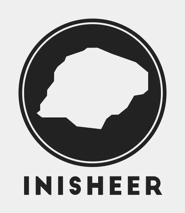 Framed Print : Inisheer icon. Round logo with island map and title. Stylish Inisheer badge with map. Vector illustration