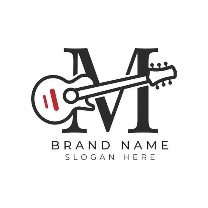 Framed Print : Initial Letter M Guitar icon with Line Art Style for Chord. Alphabet M with Musical instrument logo design