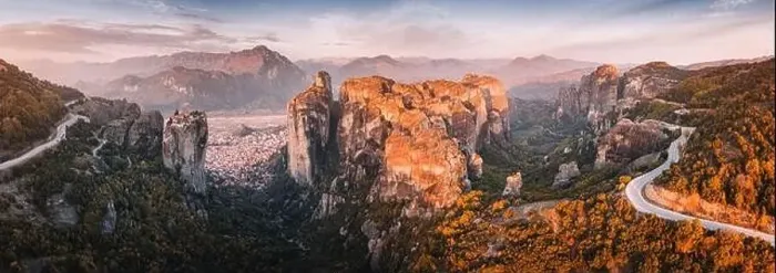 Framed Print : Inspirational aerial panoramic view of iconic and majestic Meteora monastery travel destination