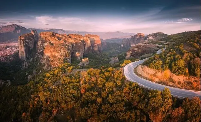 Framed Print : Inspirational aerial panoramic view of iconic and majestic Meteora monastery travel destination