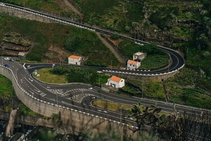 Framed Print : Interchange of highway and tunnels, transport infrastructure of Madeira. Aerial top down view. High quality photo Framed Print : Interchange of highway and tunnels, transport infrastructure of Madeira. Aerial top down view. High quality photo