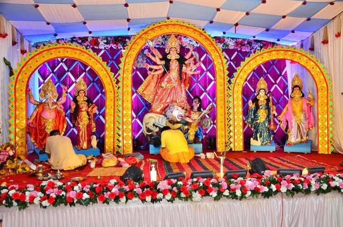 Framed Print : Interior of decorated Durga Puja pandal by Bengali Cultural Association at Ponda, Goa, India Framed Print : Interior of decorated Durga Puja pandal by Bengali Cultural Association at Ponda, Goa, India
