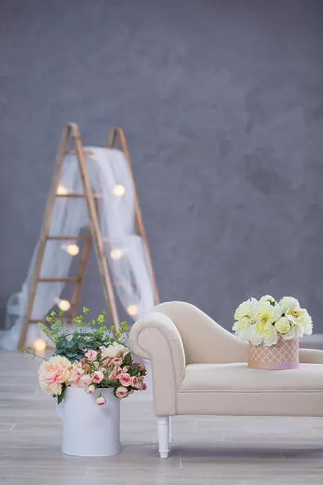 Framed Print : Interior mock up photo. Blue wall with leather material divan sofa and pot with plant flowers and ladder Framed Print : Interior mock up photo. Blue wall with leather material divan sofa and pot with plant flowers and ladder