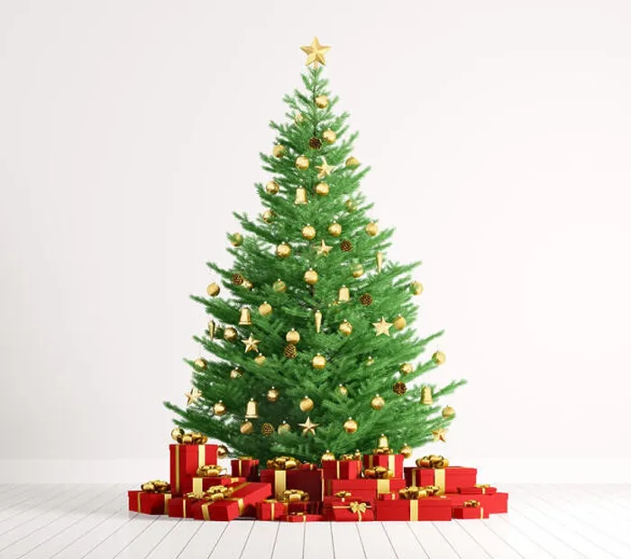 Framed Print : Interior of a room with christmas fir tree and red gifts over white wall 3d render Framed Print : Interior of a room with christmas fir tree and red gifts over white wall 3d render