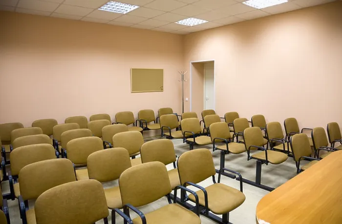 Framed Print : Interior of a small conference hall in pink tones