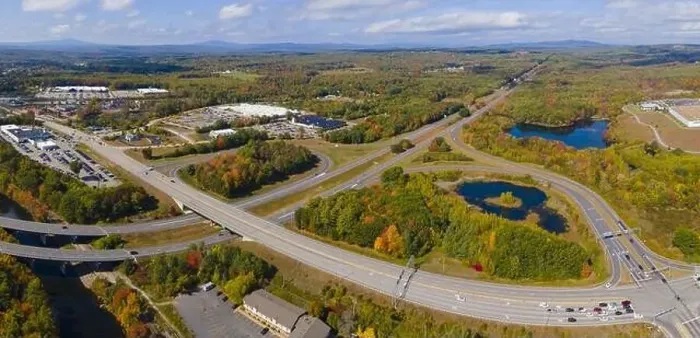 Framed Print : Interstate Highway 93 at Exit 20 with US Route 3 in White Mountain National Forest aerial view with fall foliage Framed Print : Interstate Highway 93 at Exit 20 with US Route 3 in White Mountain National Forest aerial view with fall foliage