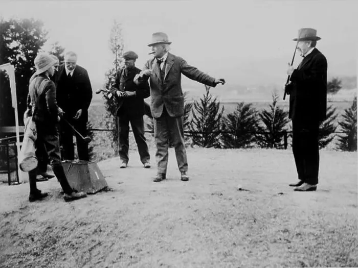 Framed Print : Interwar period. The Cannes Conference: Relaxing day during which the three Presidents played a game of golf Framed Print : Interwar period. The Cannes Conference: Relaxing day during which the three Presidents played a game of golf