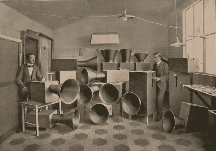 Framed Print : Intonarumori. Luigi Russolo and Ugo Piatti in the Studio in Milan Framed Print : Intonarumori. Luigi Russolo and Ugo Piatti in the Studio in Milan