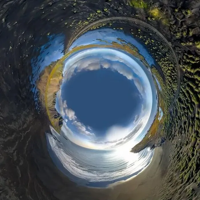 Framed Print : Inverted little planet of landscape of the black sand beach in Stokksnes on a sunny day Framed Print : Inverted little planet of landscape of the black sand beach in Stokksnes on a sunny day
