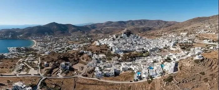 Framed Print : Ios island, Greece Cyclades. Chora town panorama aerial drone view Framed Print : Ios island, Greece Cyclades. Chora town panorama aerial drone view