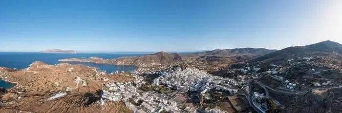 Framed Print : Ios island, Greece Cyclades. Chora town panorama aerial drone view Framed Print : Ios island, Greece Cyclades. Chora town panorama aerial drone view