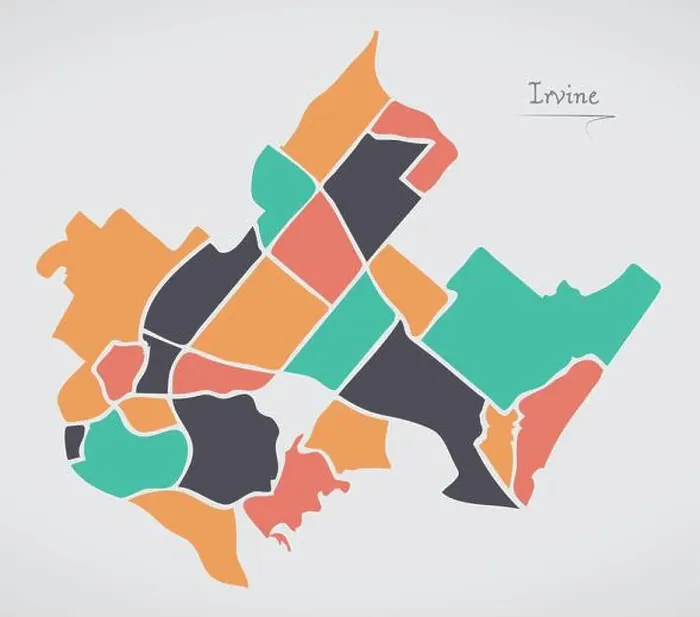 Framed Print : Irvine California Map with neighborhoods and modern round shapes Framed Print : Irvine California Map with neighborhoods and modern round shapes