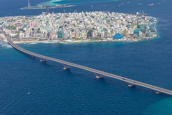 Island Of Male, The Capital of Maldives from the sky. Bridge connecting with the airport island. Maldives island, cityscape, exotic travel destination