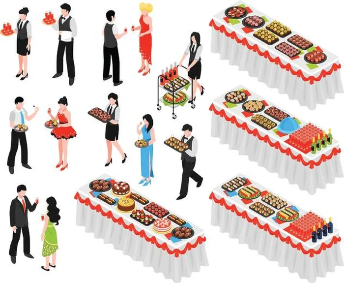 Framed Print : Isometric banquet reception dinner party set of isolated human characters Framed Print : Isometric banquet reception dinner party set of isolated human characters