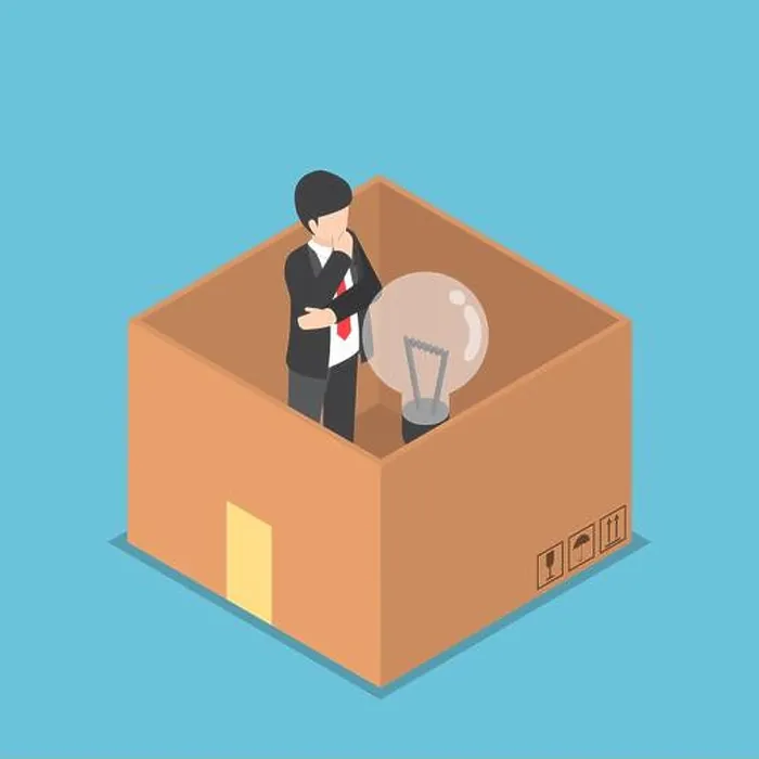 Framed Print : Isometric businessman with light bulb of idea inside the paper box, think inside the box, business idea concept Framed Print : Isometric businessman with light bulb of idea inside the paper box, think inside the box, business idea concept