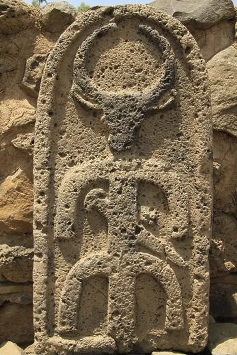 Framed Print : Israel, Sea of Galilee, a Stele showing a God with bull's head on Bamah at the city gate of ancient Bethsaida, Iron Age Framed Print : Israel, Sea of Galilee, a Stele showing a God with bull's head on Bamah at the city gate of ancient Bethsaida, Iron Age