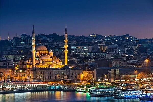 Istanbul. Image of Istanbul with Yeni Cami Mosque during twilight blue hour