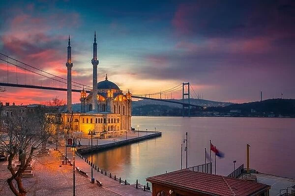 Istanbul. Image of Ortakoy Mosque with Bosphorus Bridge in Istanbul during beautiful sunrise