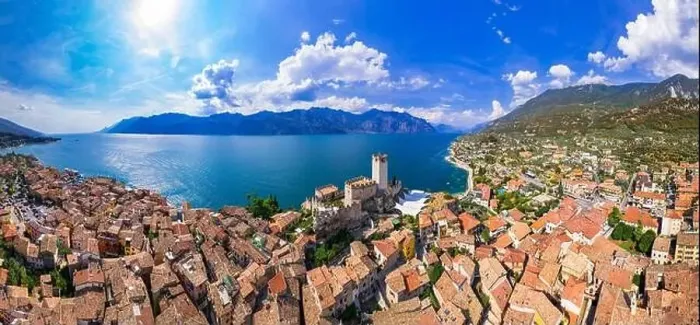 Framed Print : italian lakes scenery - beautiful Lago di Garda. Aerial panorama of Malcesine castle, village and beach Framed Print : italian lakes scenery - beautiful Lago di Garda. Aerial panorama of Malcesine castle, village and beach
