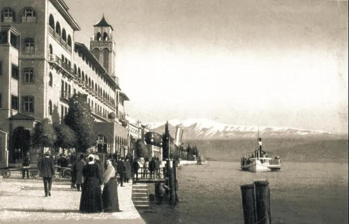 Framed Print : Italy Lombardia Gardone Riviera - Postcard of Gardone Riviera with Grand Hotel Gardone in 1904 Framed Print : Italy Lombardia Gardone Riviera - Postcard of Gardone Riviera with Grand Hotel Gardone in 1904