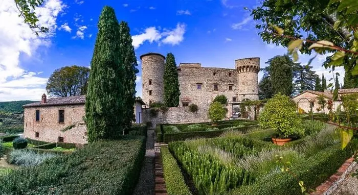 Framed Print : Italy, Tuscany landscape aerial drone view. Scenic medieval castle and hotel - Castello di Meleto in Chianti region Framed Print : Italy, Tuscany landscape aerial drone view. Scenic medieval castle and hotel - Castello di Meleto in Chianti region