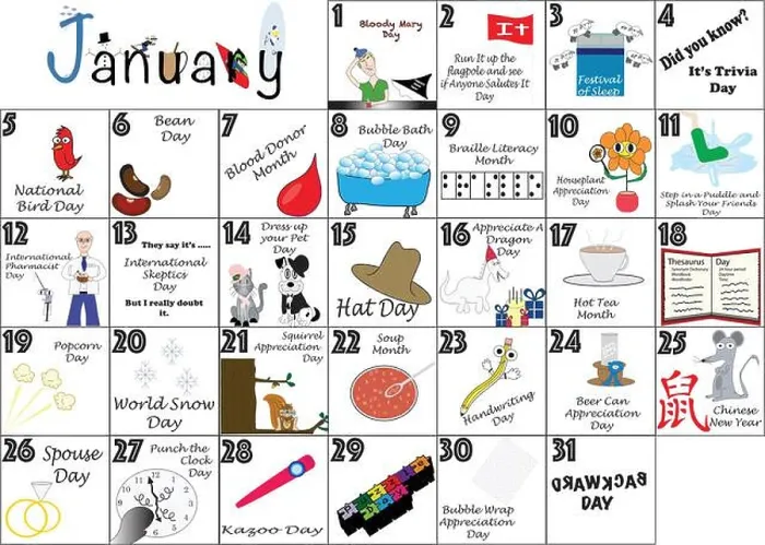 Framed Print : January 2020 calendar illustrated with daily Quirky Holidays and Unusual Celebrations Framed Print : January 2020 calendar illustrated with daily Quirky Holidays and Unusual Celebrations