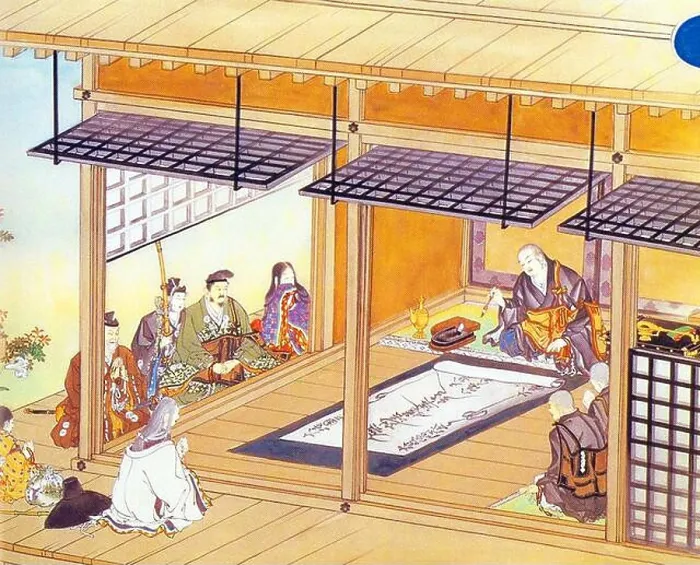 Framed Print : Japan: Nichiren (16 February 1222 - 13 October 1282) inscribes the Dai-Gohonzon observed by acolytes Framed Print : Japan: Nichiren (16 February 1222 - 13 October 1282) inscribes the Dai-Gohonzon observed by acolytes
