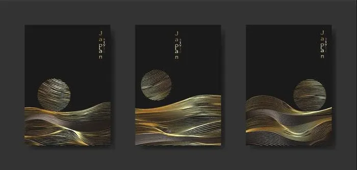 Framed Print : Japanese landscape background set cards gold line wave pattern vector illustration Framed Print : Japanese landscape background set cards gold line wave pattern vector illustration