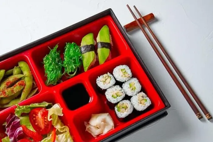 Framed Print : Japanese style lunch bento box with various vegeterian healthy food. Take away or food delivery concept Framed Print : Japanese style lunch bento box with various vegeterian healthy food. Take away or food delivery concept