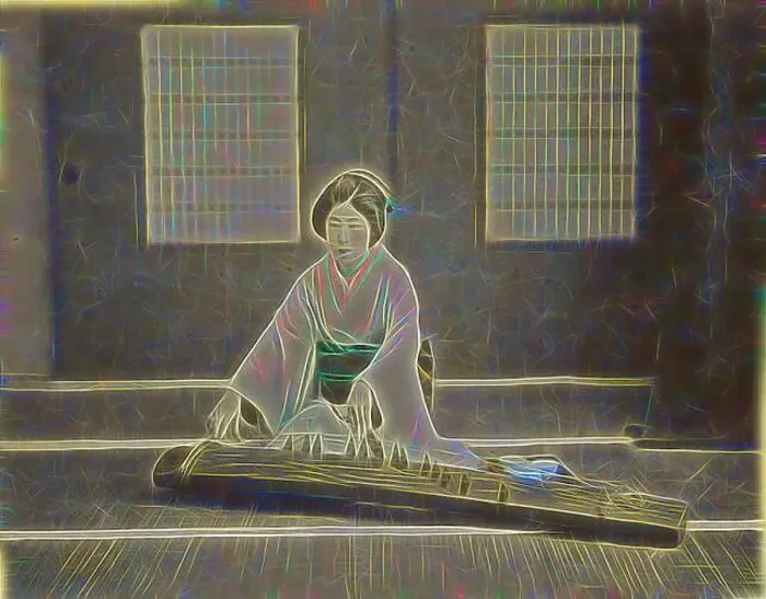Framed Print : Japanese Woman Playing a Koto, Japan, 1890s, Hand-colored Albumen silver print Framed Print : Japanese Woman Playing a Koto, Japan, 1890s, Hand-colored Albumen silver print