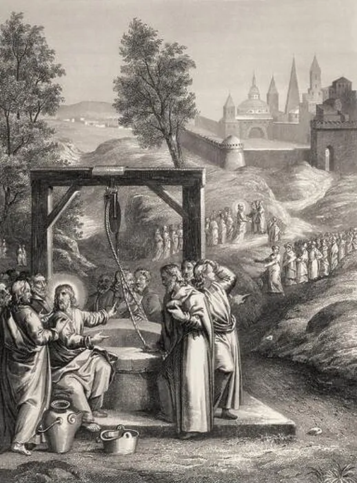 Framed Print : Jesus talks with a Samaritan woman, the Samaritan woman returns, New Testament, Steel engraving 1853, digitally restored Framed Print : Jesus talks with a Samaritan woman, the Samaritan woman returns, New Testament, Steel engraving 1853, digitally restored