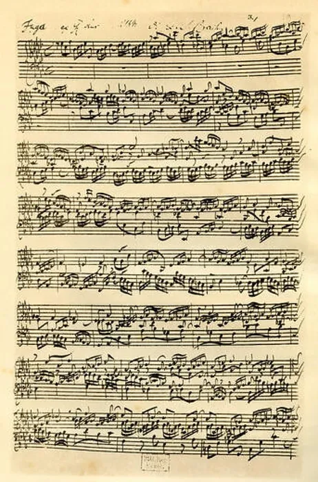 Framed Print : Johann Sebastian Bachs handwritten manuscript score for his fugue in A flat from the second book of The 48 Framed Print : Johann Sebastian Bachs handwritten manuscript score for his fugue in A flat from the second book of The 48