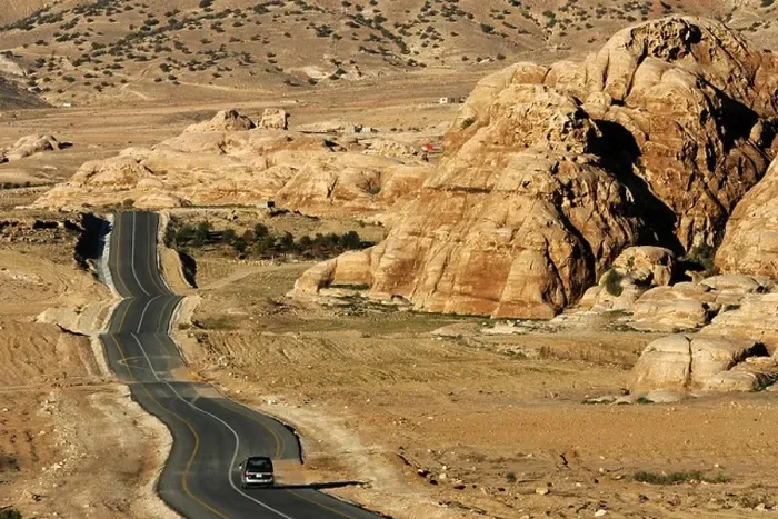 Framed Print : JOR, Jordan, Petra: Country road from the Desert Highway to the city of Wadi Musa Framed Print : JOR, Jordan, Petra: Country road from the Desert Highway to the city of Wadi Musa