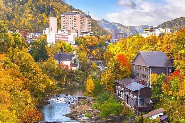 Jozankei, Japan inns and river skyline during the autumn season