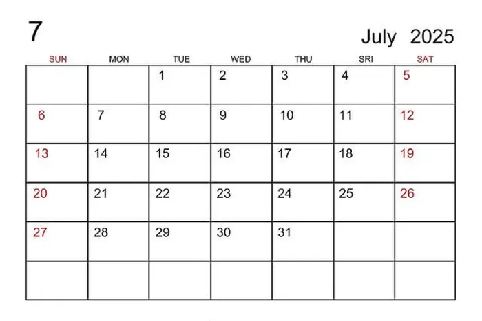 Framed Print : July 2025 calendar template on white paper background Framed Print : July 2025 calendar template on white paper background