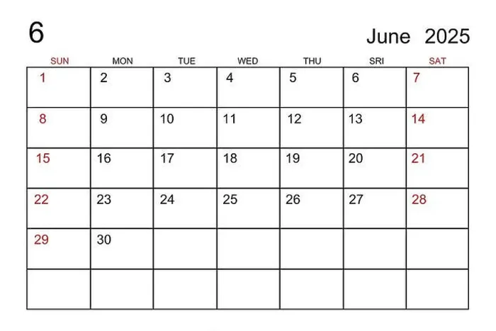 Framed Print : June 2025 calendar template on white paper background Framed Print : June 2025 calendar template on white paper background