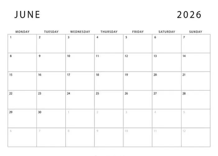 Framed Print : June 2026 calendar. Monthly planner template. Monday start. Vector design Framed Print : June 2026 calendar. Monthly planner template. Monday start. Vector design