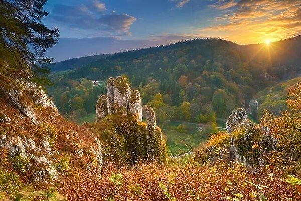 Jura Mountains National Park at sunset, Autumn Pradnik Valley, Poland, Europe