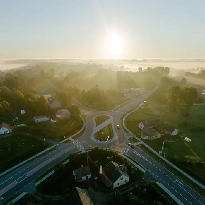 Framed Print : Jurbarkas Roundabout in early foggy morning from drone Framed Print : Jurbarkas Roundabout in early foggy morning from drone