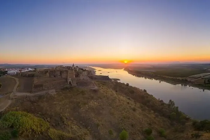 Framed Print : Juromenha castle, village and Guadiana river drone aerial view at sunrise in Alentejo, Portugal Framed Print : Juromenha castle, village and Guadiana river drone aerial view at sunrise in Alentejo, Portugal