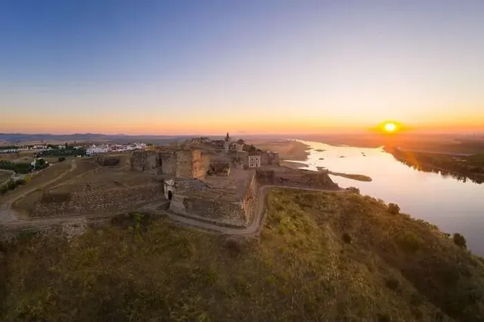 Framed Print : Juromenha castle, village and Guadiana river drone aerial view at sunrise in Alentejo, Portugal Framed Print : Juromenha castle, village and Guadiana river drone aerial view at sunrise in Alentejo, Portugal