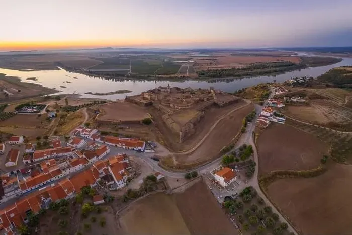 Framed Print : Juromenha castle, village and Guadiana river drone aerial view at sunset in Alentejo Framed Print : Juromenha castle, village and Guadiana river drone aerial view at sunset in Alentejo