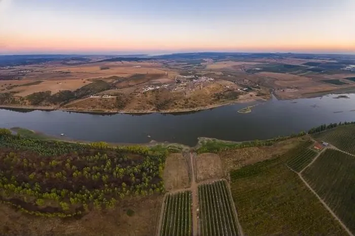 Framed Print : Juromenha castle, village and Guadiana river drone aerial view at sunset in Alentejo Framed Print : Juromenha castle, village and Guadiana river drone aerial view at sunset in Alentejo