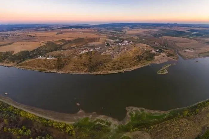 Framed Print : Juromenha castle, village and Guadiana river drone aerial view at sunset in Alentejo Framed Print : Juromenha castle, village and Guadiana river drone aerial view at sunset in Alentejo